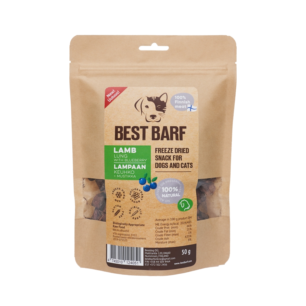 Best Barf вяленое лакомство, бараньи легкие с черникой, 50г